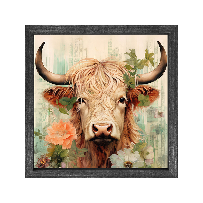 Brown and White Highland cow with flowers