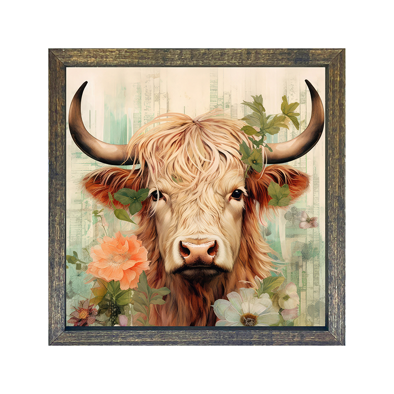 Brown and White Highland cow with flowers