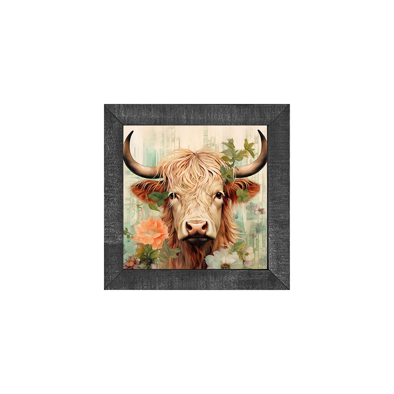 Brown and White Highland cow with flowers