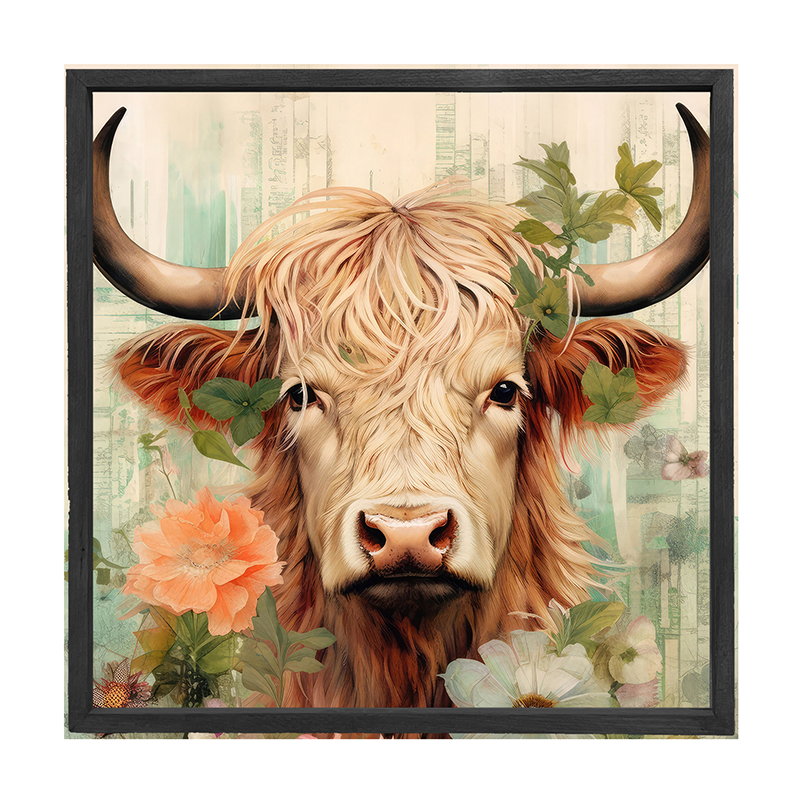 Brown and White Highland cow with flowers