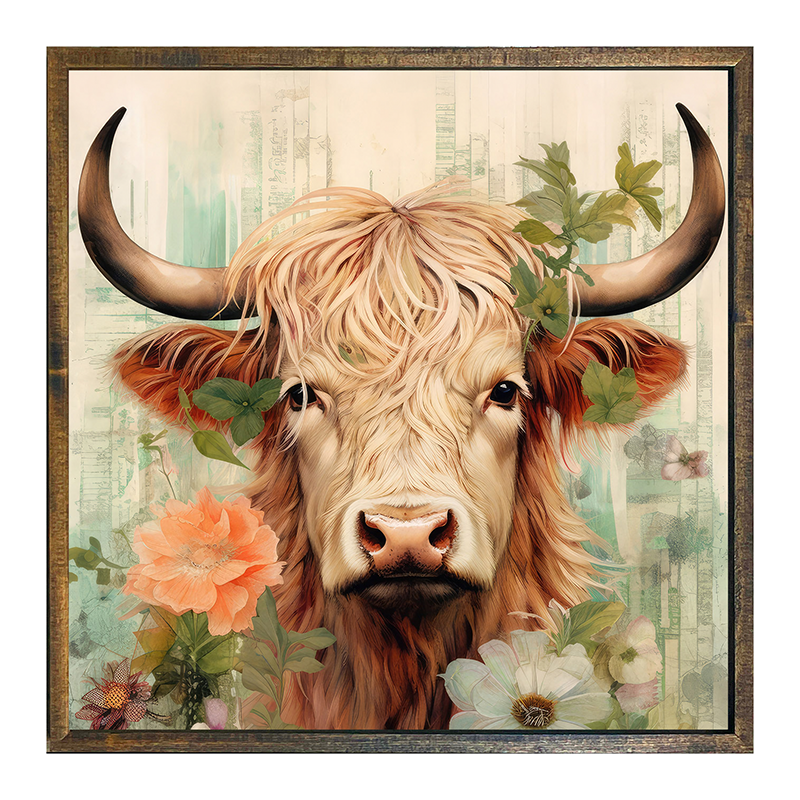 Brown and White Highland cow with flowers