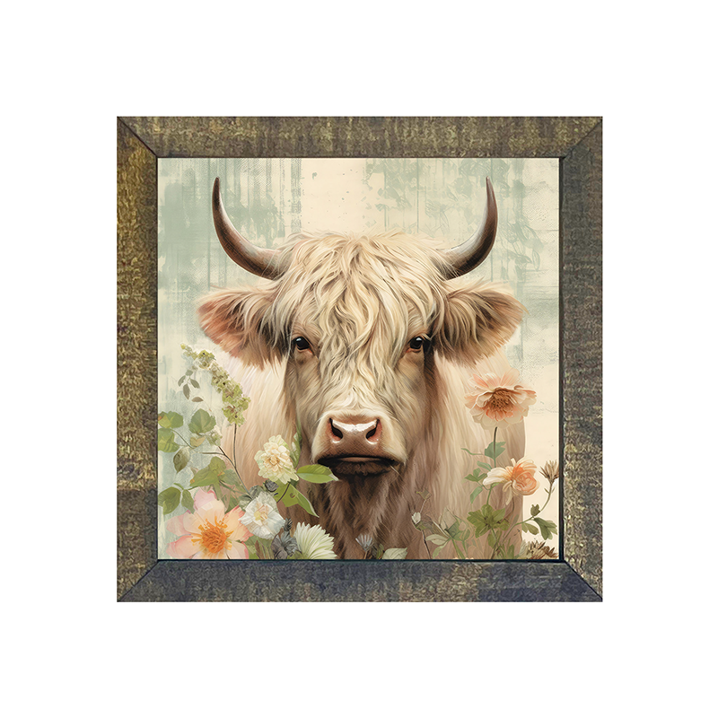 White Highland cow with flowers