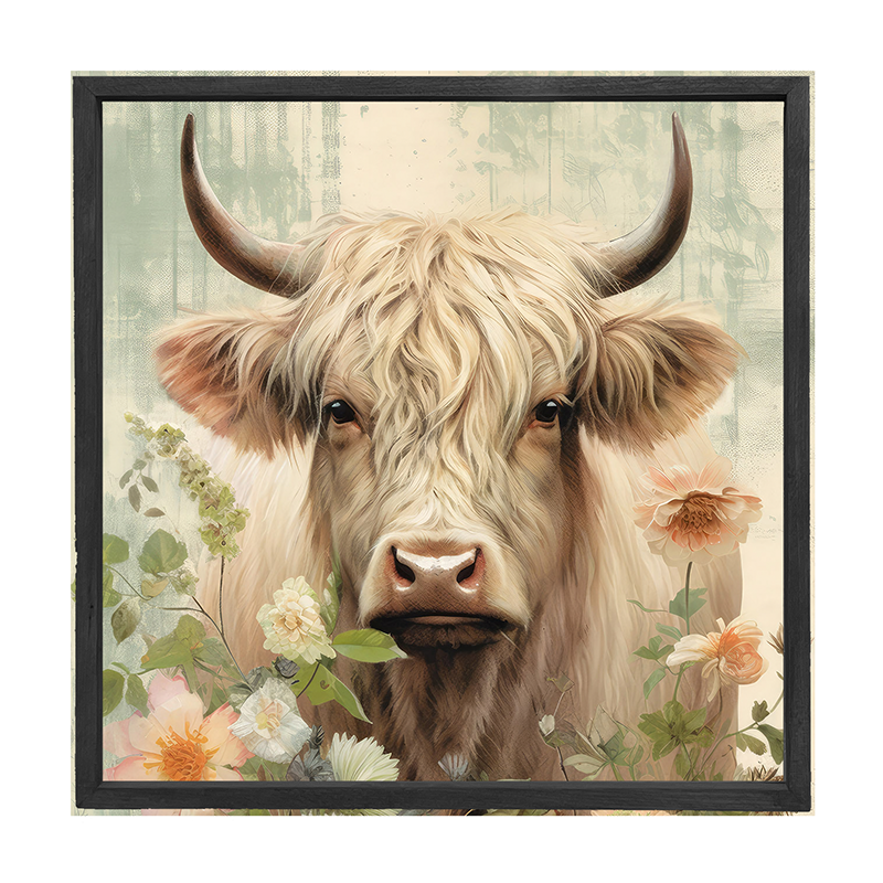 White Highland cow with flowers