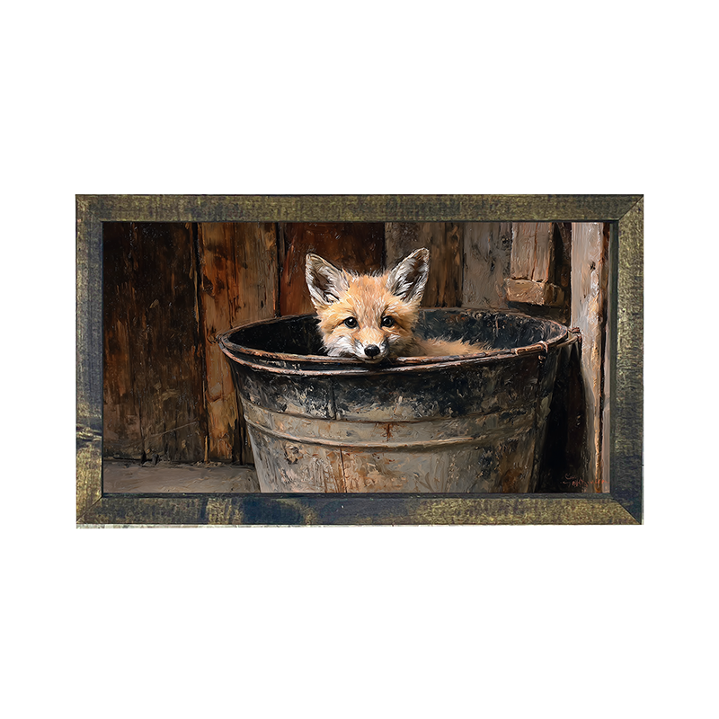 Metal Bucket with Baby Fox - Horizontal Frame