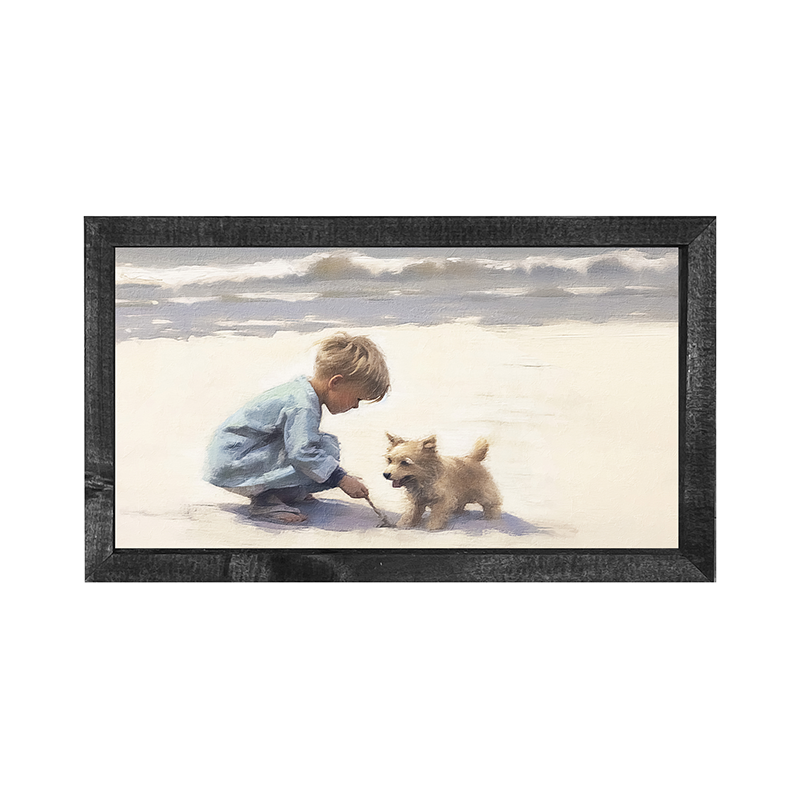 Boy with dog on beach-Horizontal