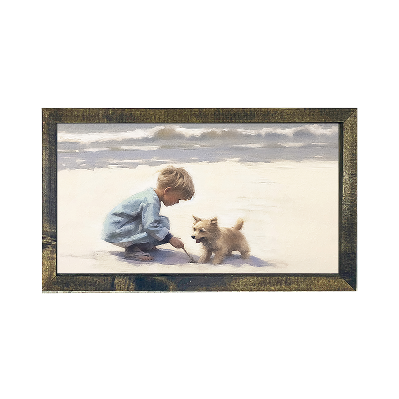 Boy with dog on beach-Horizontal