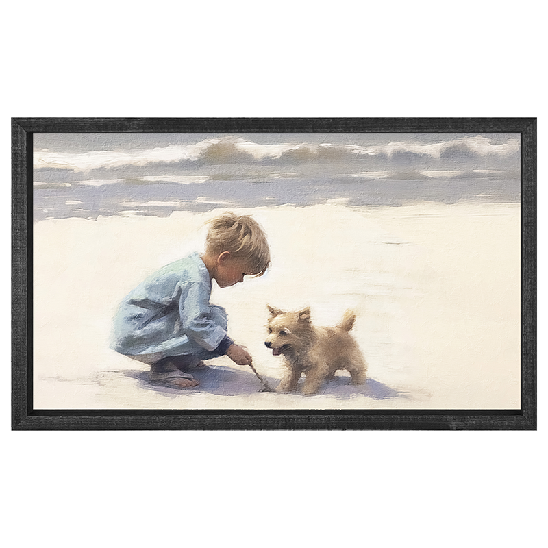 Boy with dog on beach-Horizontal