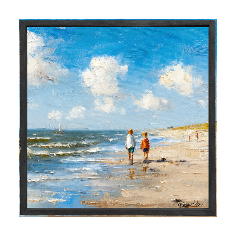 Children walking along the shore