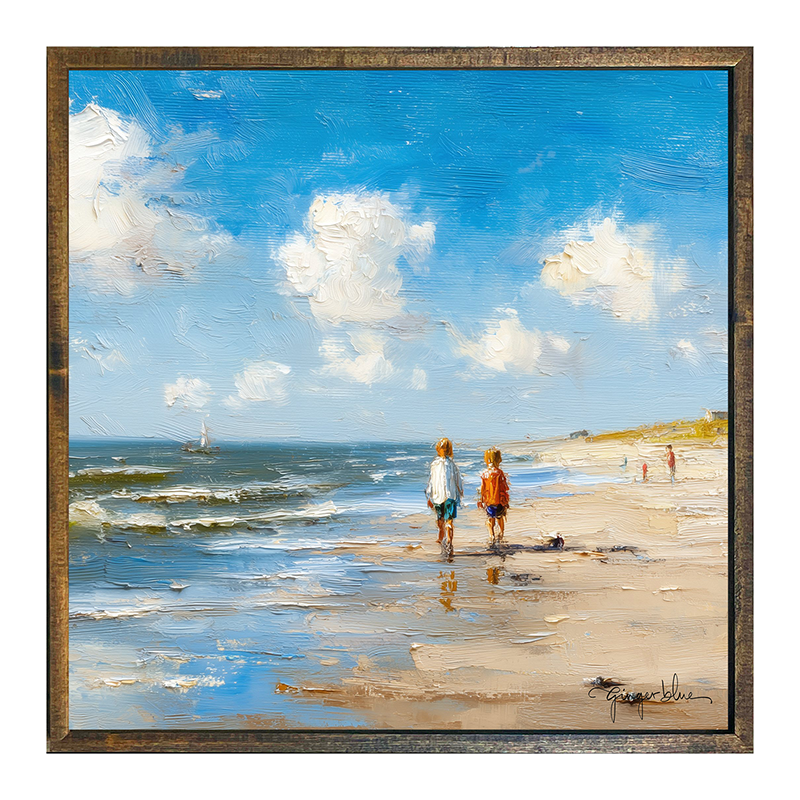 Children walking along the shore