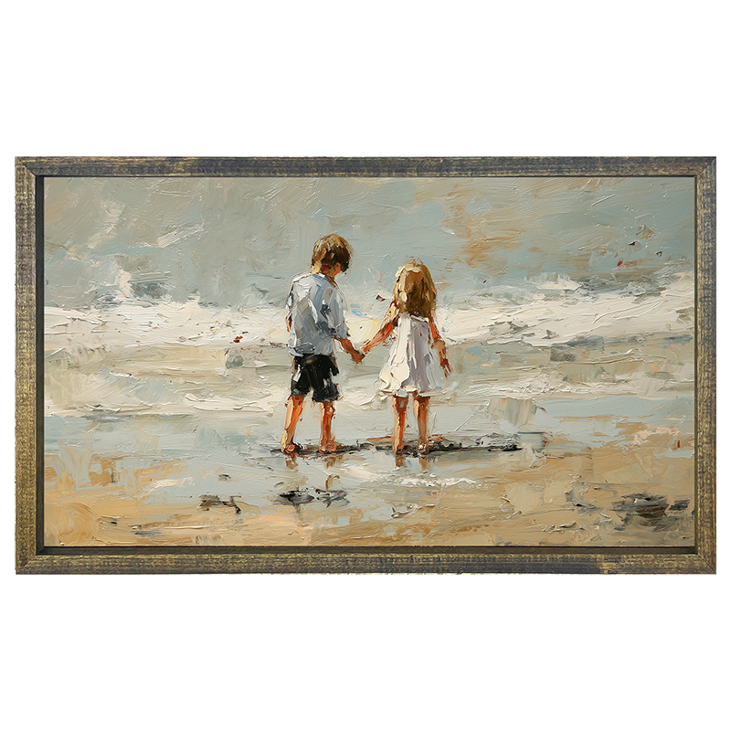 Children walking along Beach - Horizontal Frame