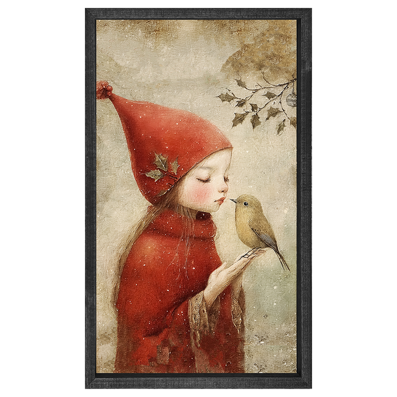 Christmas girl with bird - Vertical Frame
