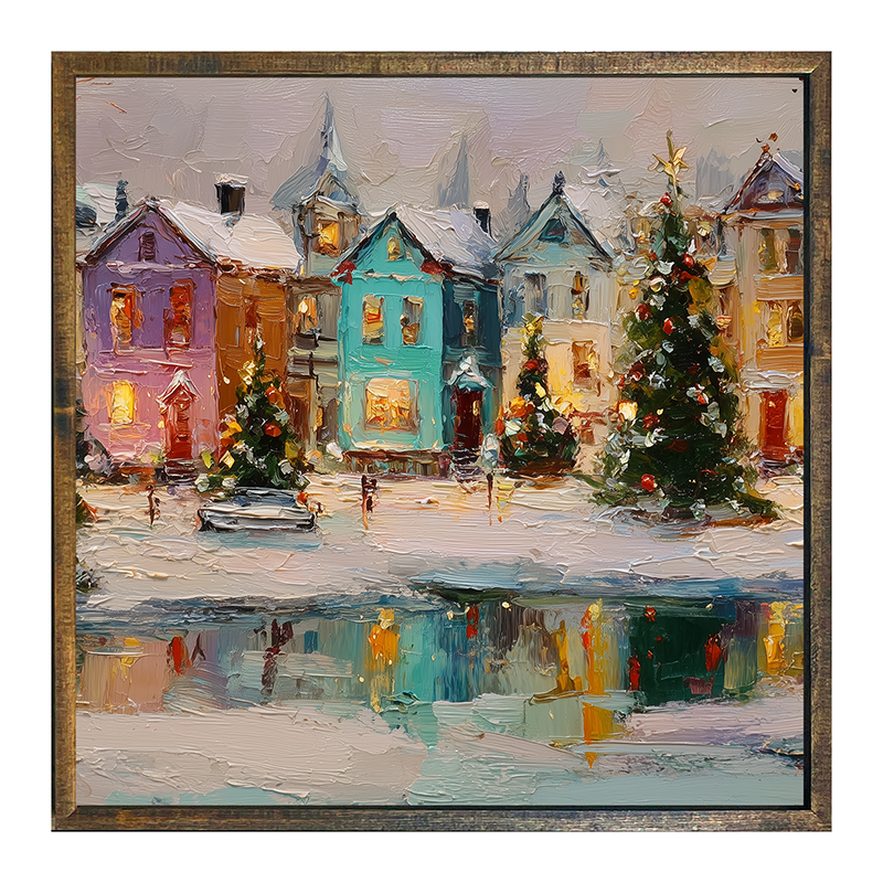 Snowy Village - The Pond at the Park - Square Frame