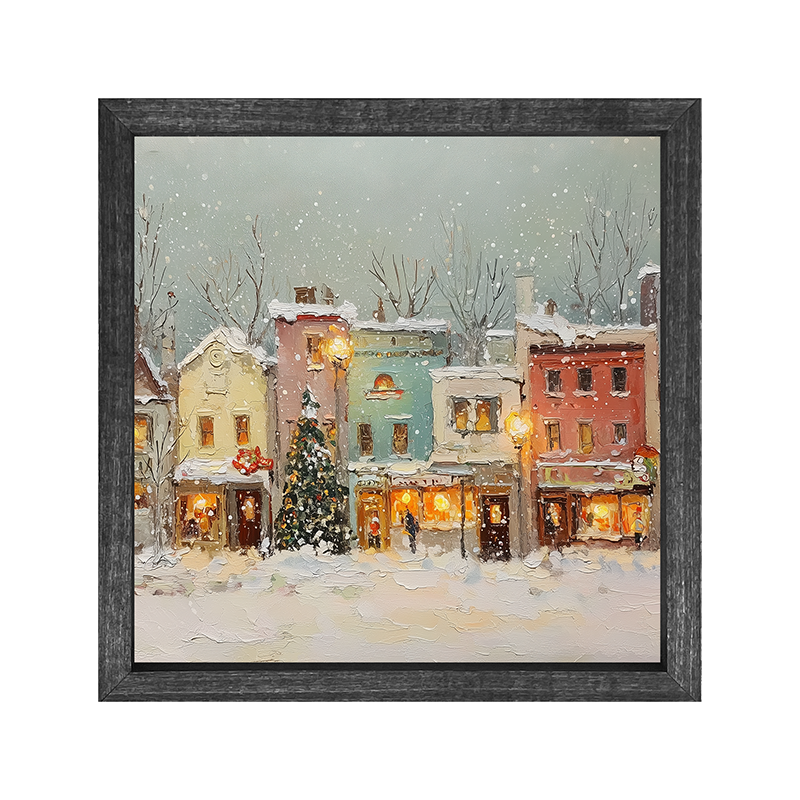 Snowy Village - Street Lights - Square Frame