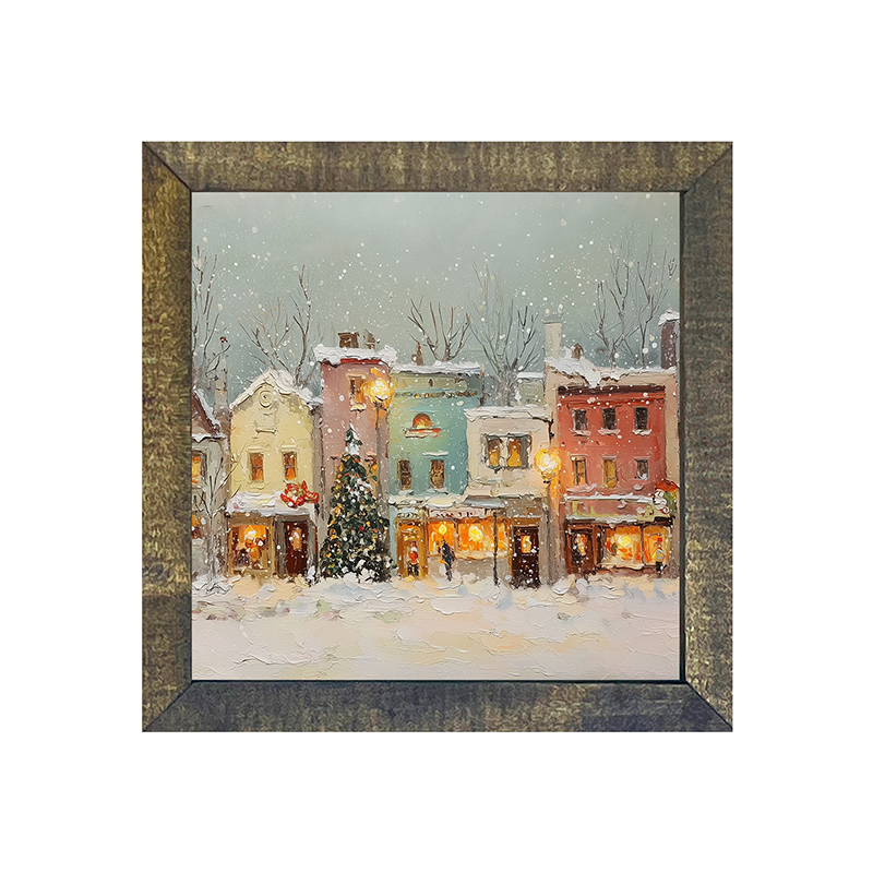 Snowy Village - Street Lights - Square Frame