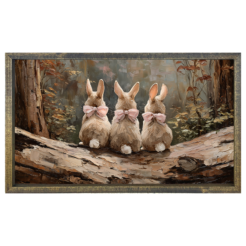 Bunnies with Pink Bows in Forest - Horizontal Frame