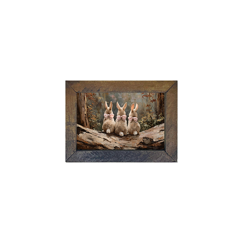 Bunnies with Pink Bows in Forest - Horizontal Frame
