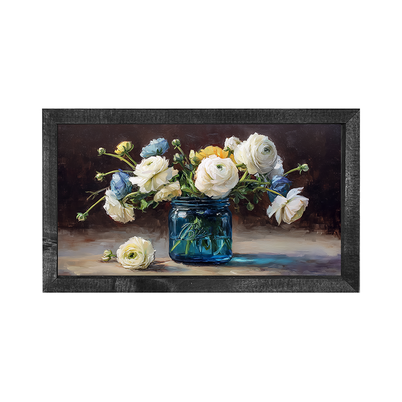 Mason Jar with Blue and White Flowers - Horizontal Frame