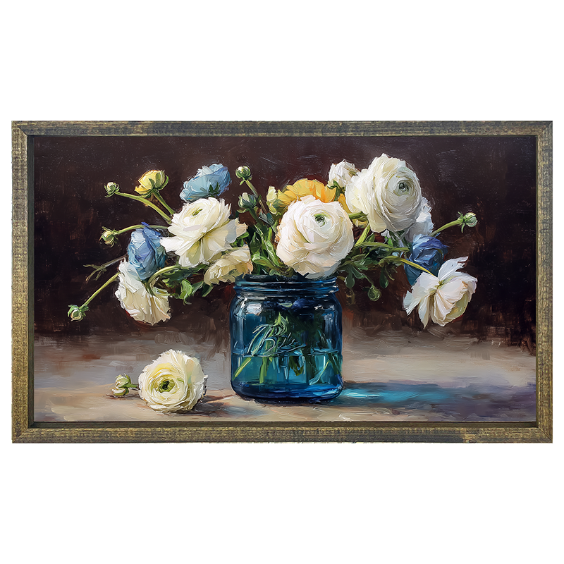 Mason Jar with Blue and White Flowers - Horizontal Frame