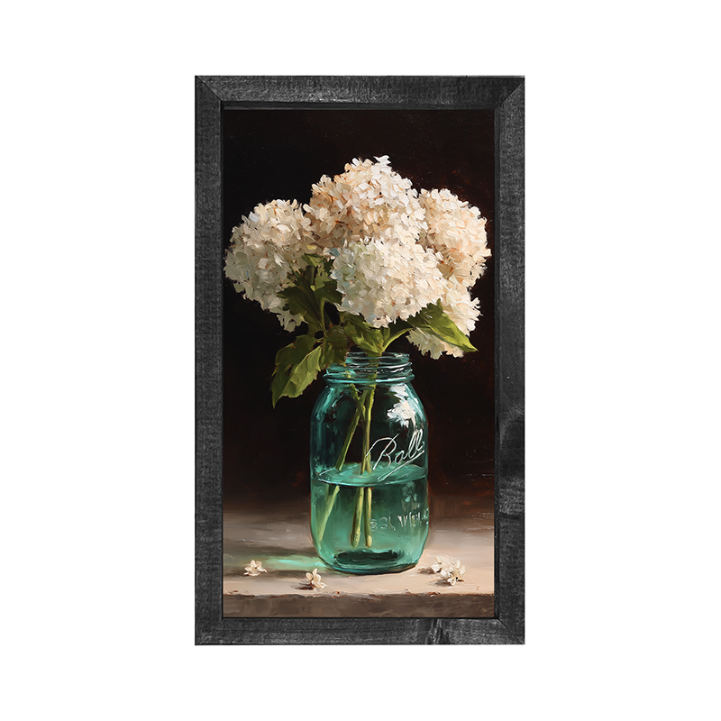 Mason Jar with White Hydrangeas - Vertical Frame