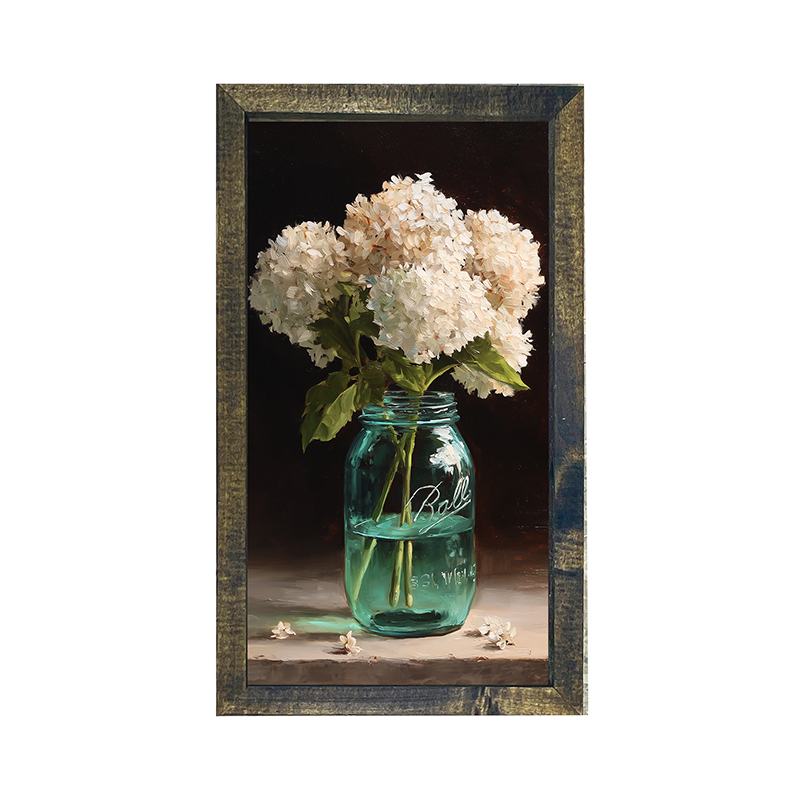 Mason Jar with White Hydrangeas - Vertical Frame