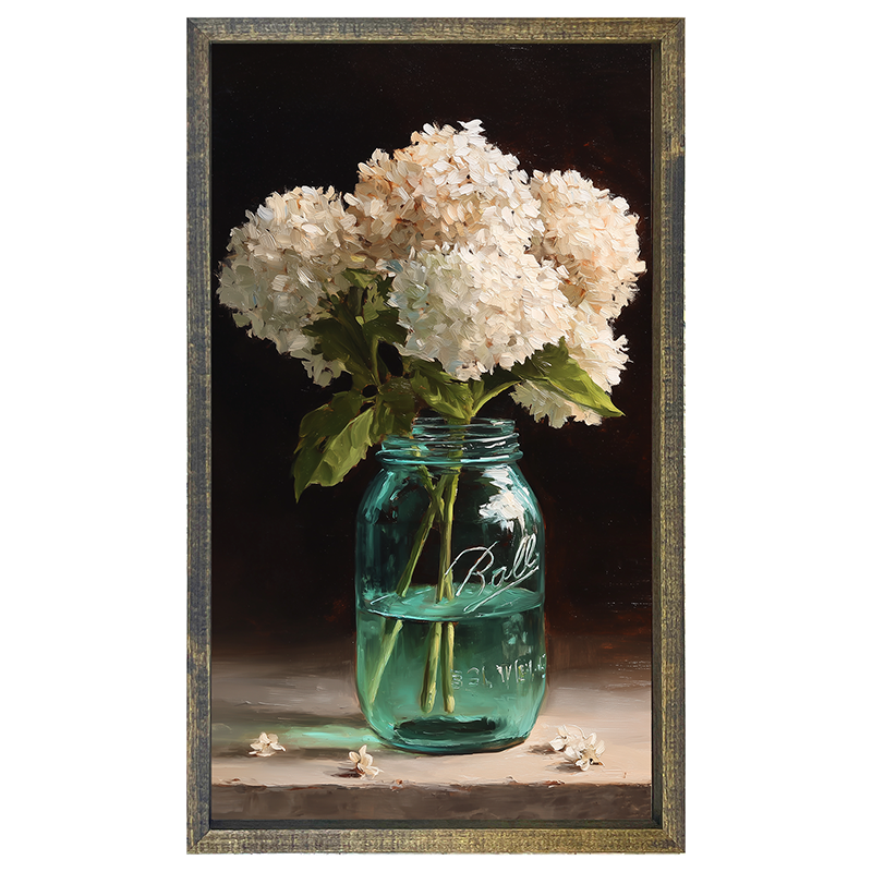 Mason Jar with White Hydrangeas - Vertical Frame