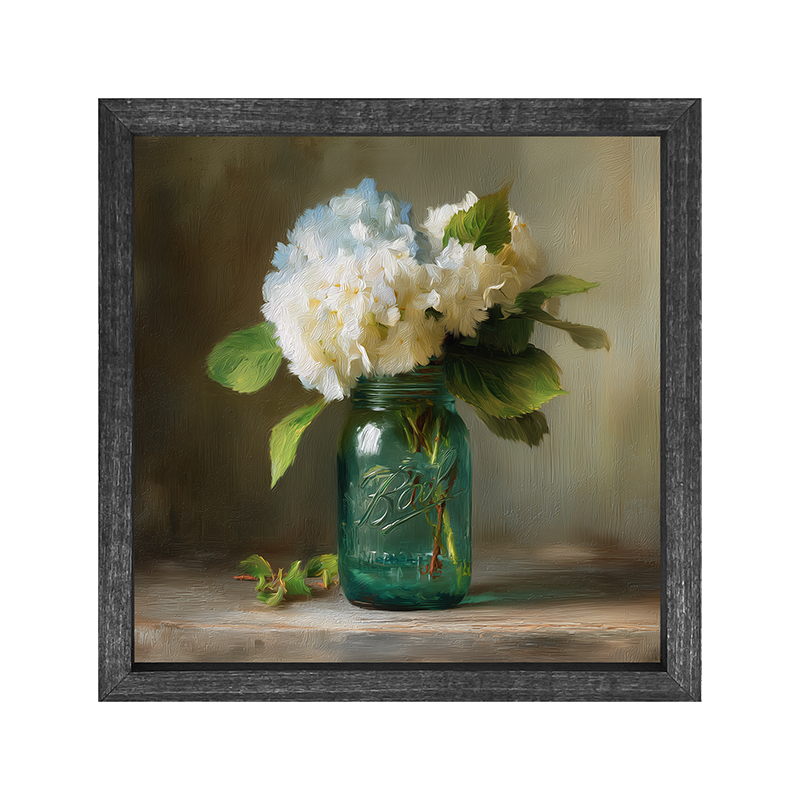 Mason Jar with Blue and White Hydrangeas