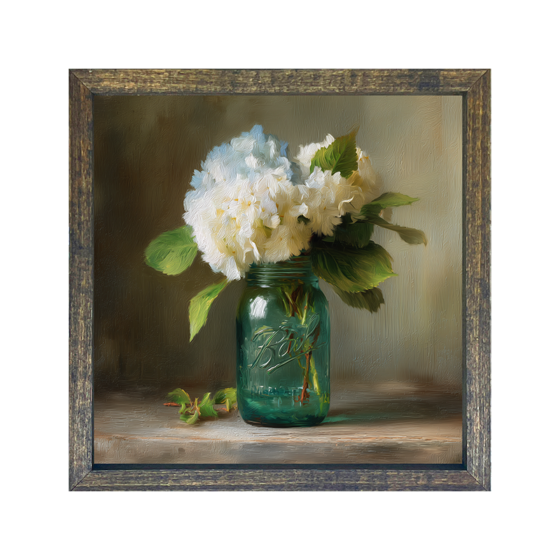 Mason Jar with Blue and White Hydrangeas