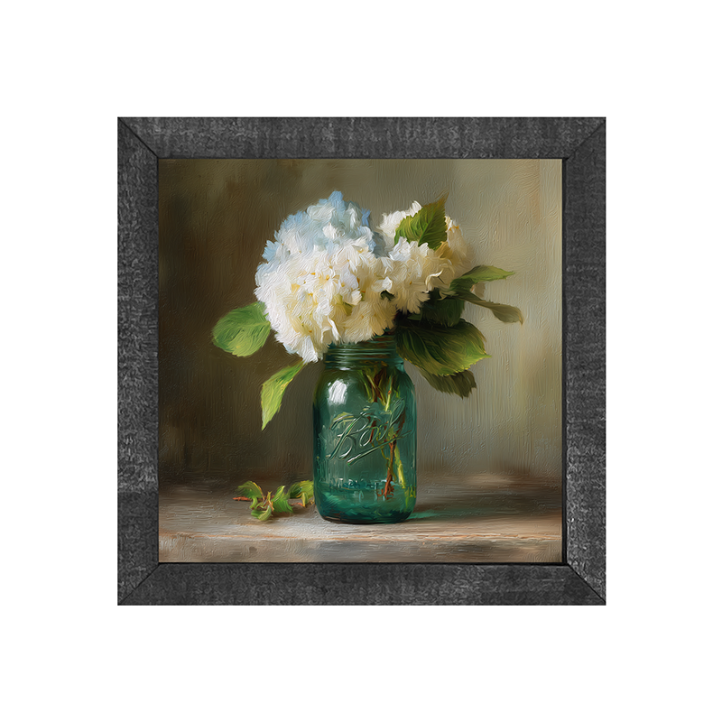 Mason Jar with Blue and White Hydrangeas