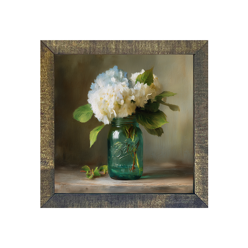 Mason Jar with Blue and White Hydrangeas