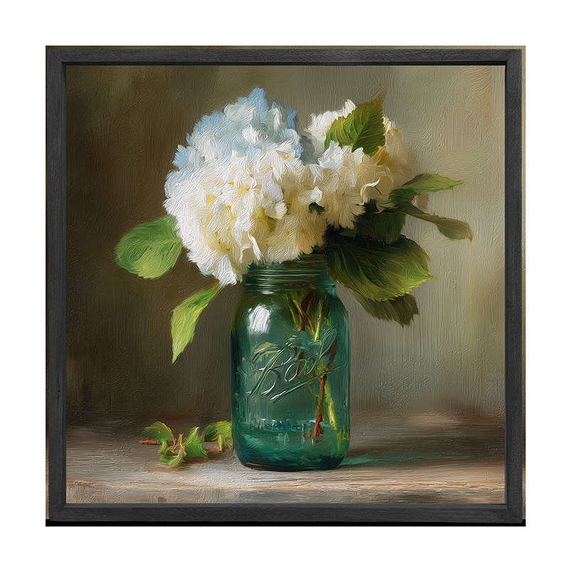 Mason Jar with Blue and White Hydrangeas