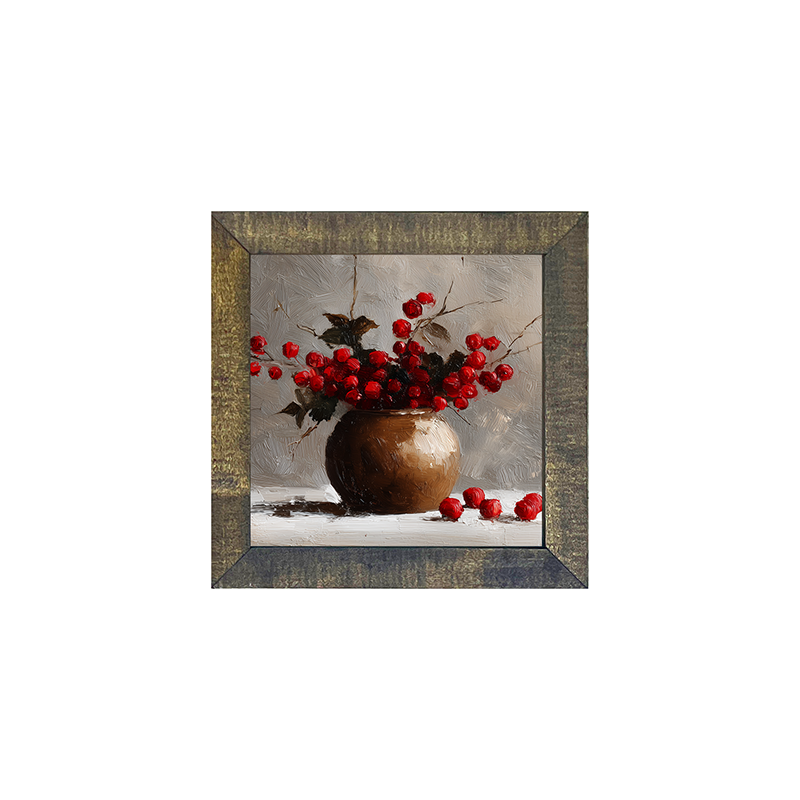 Floral Still Life - Red Floral Branches in Copper Pot - Square Frame