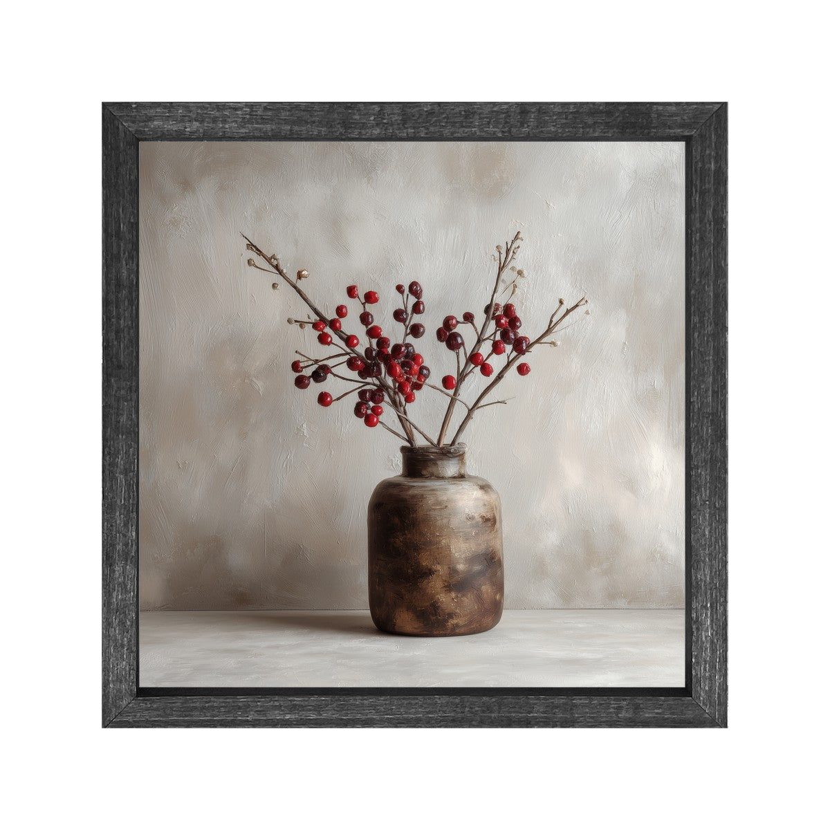 Floral Still Life - Burgundy Berry Sprays in Short Vase - Square Frame