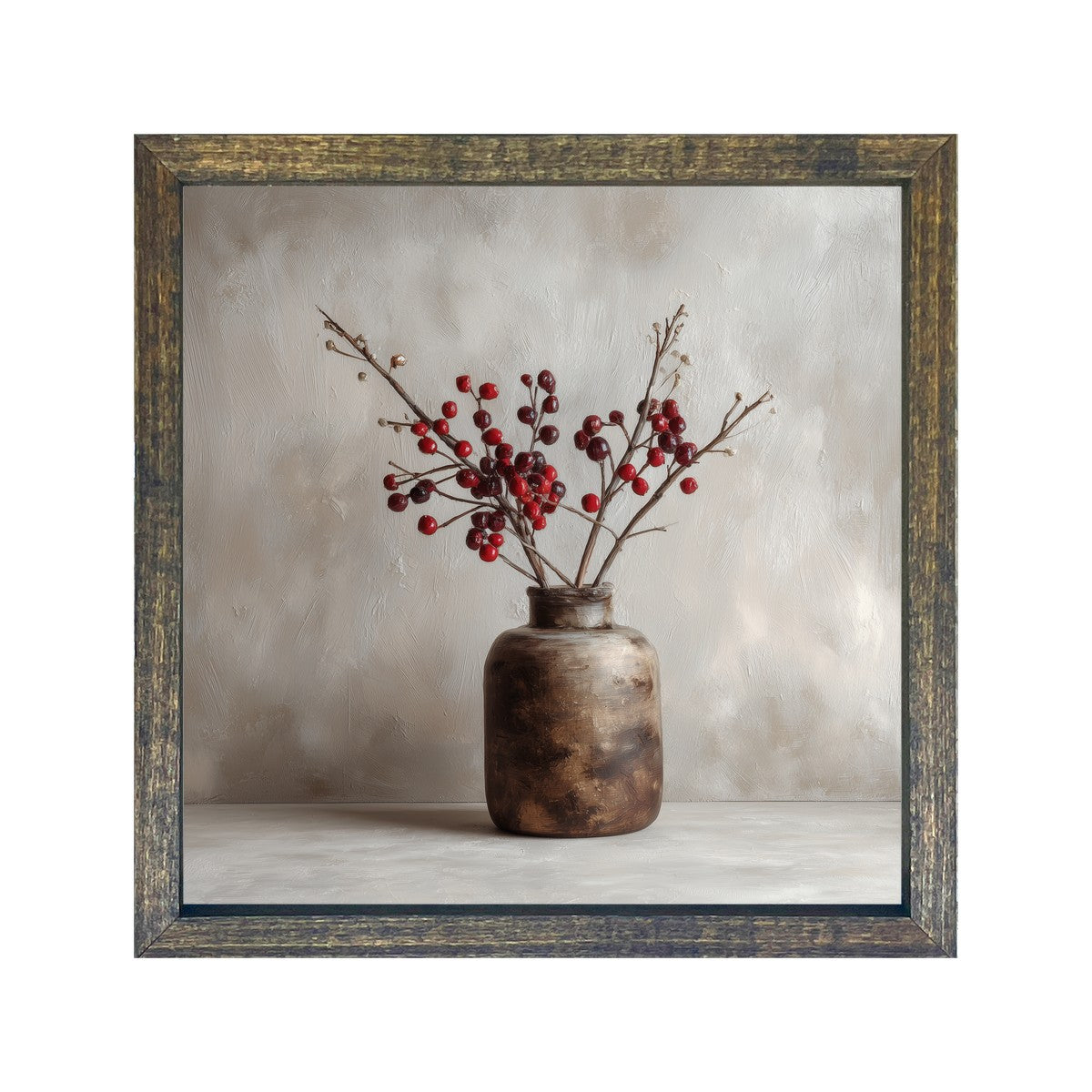 Floral Still Life - Burgundy Berry Sprays in Short Vase - Square Frame