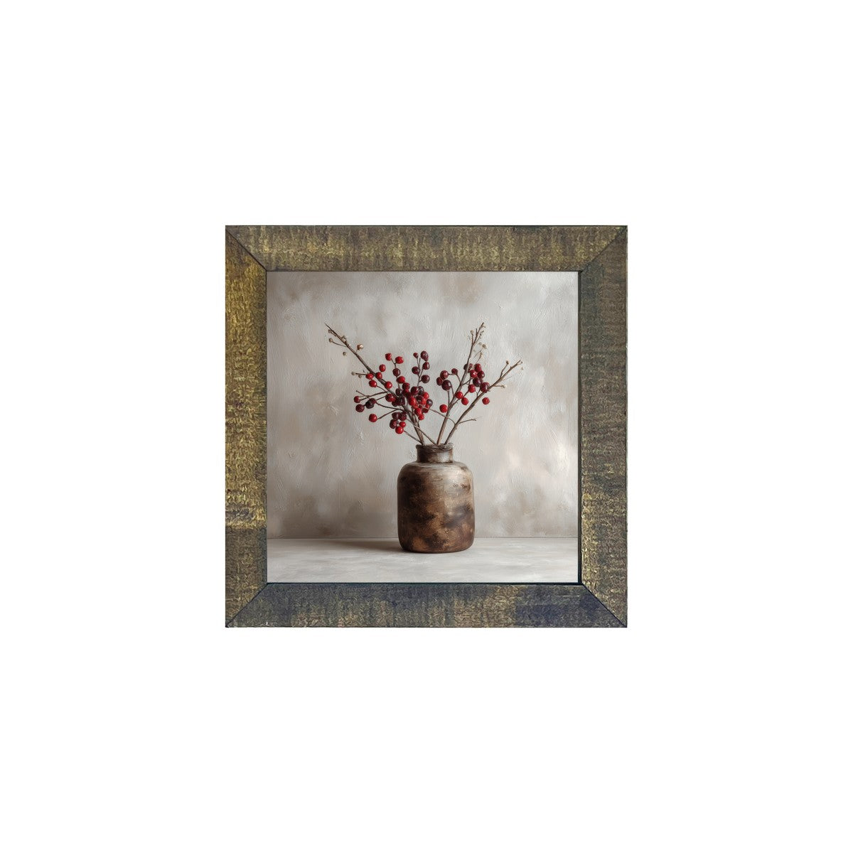Floral Still Life - Burgundy Berry Sprays in Short Vase - Square Frame