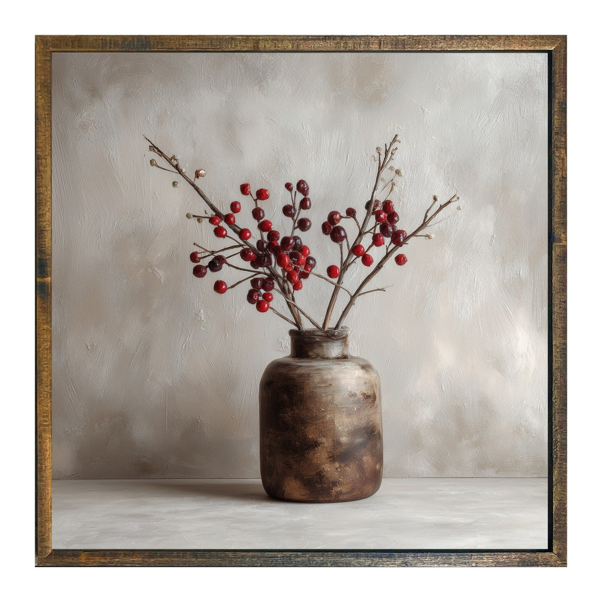 Floral Still Life - Burgundy Berry Sprays in Short Vase - Square Frame