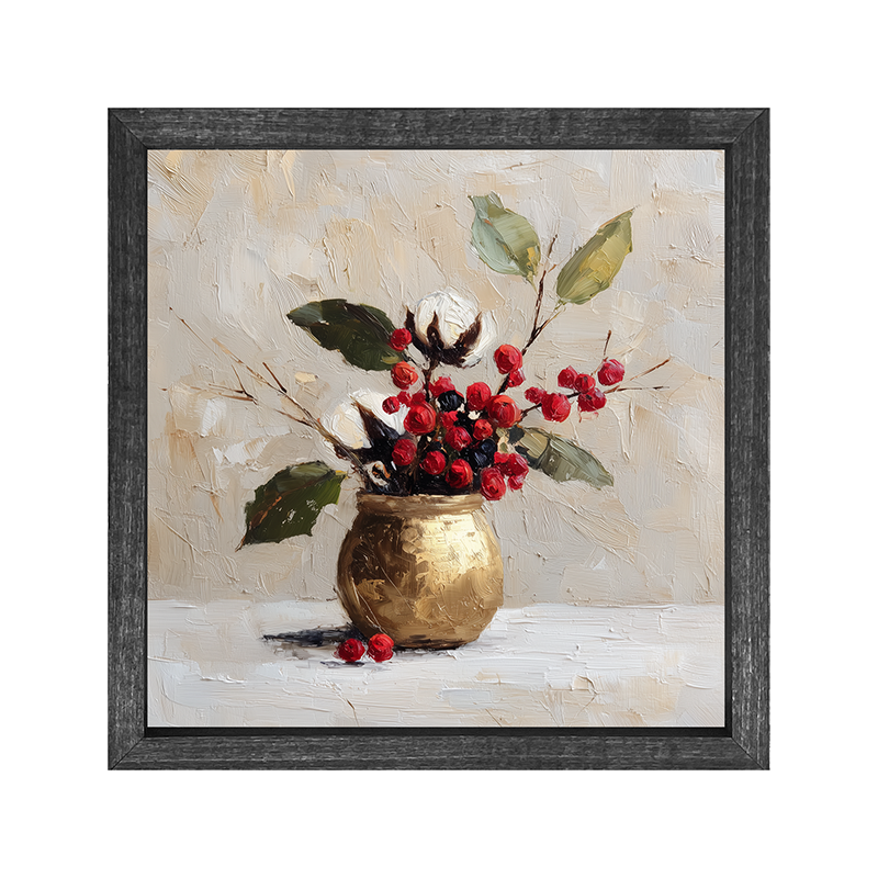 Floral Still Life - White and Red Flowers with Leaves in Golden Pot - Square Frame