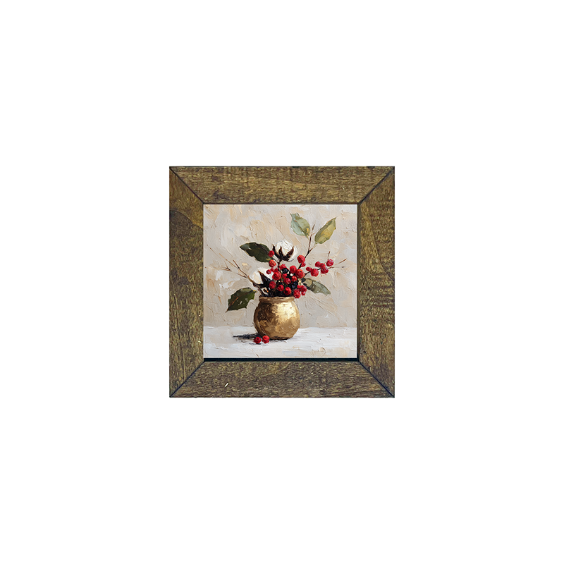Floral Still Life - White and Red Flowers with Leaves in Golden Pot - Square Frame