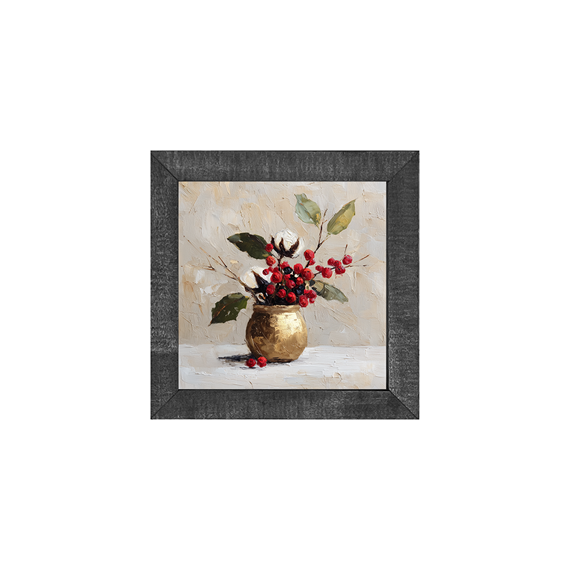 Floral Still Life - White and Red Flowers with Leaves in Golden Pot - Square Frame