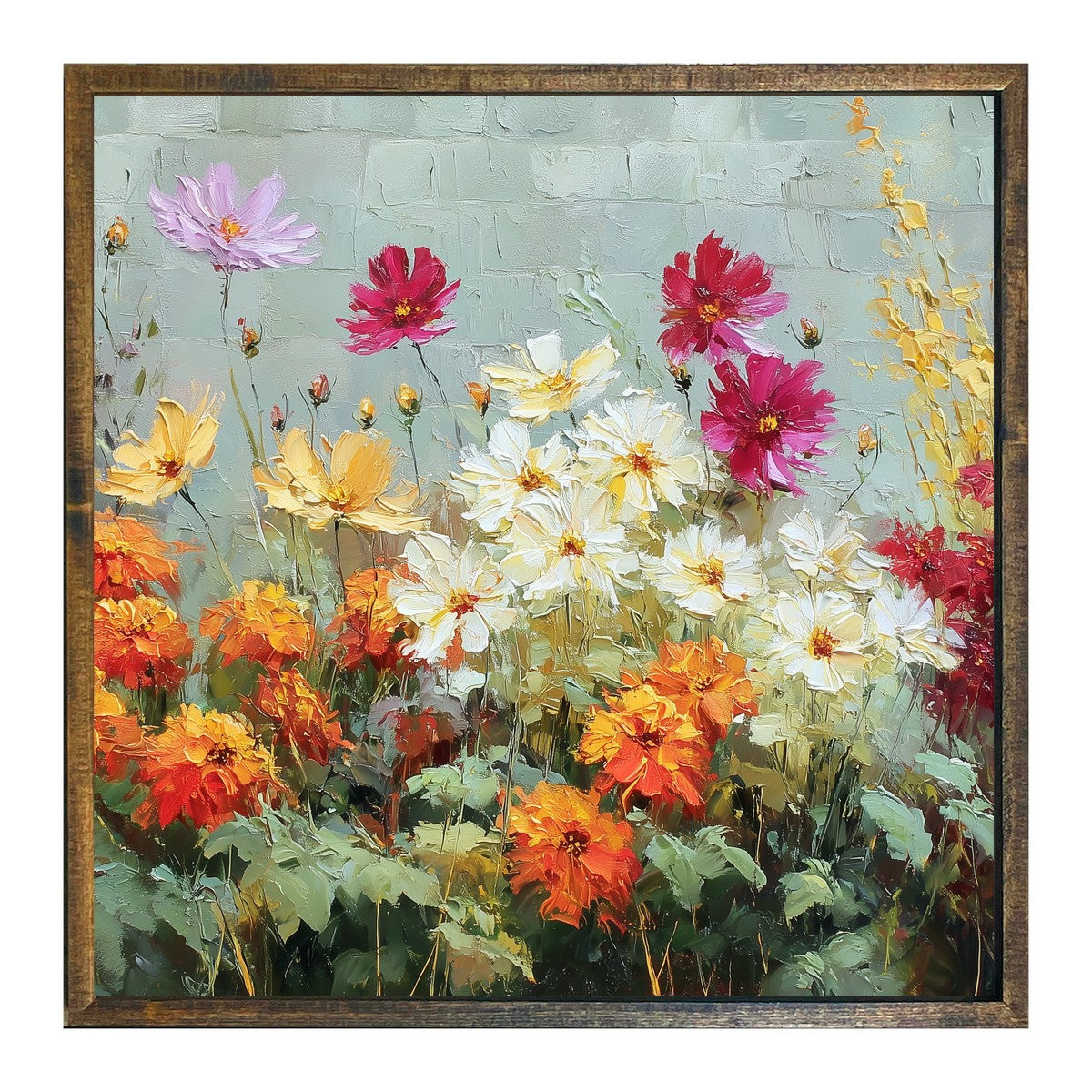 Garden Wall - Orange and White Flowers - Square Frame