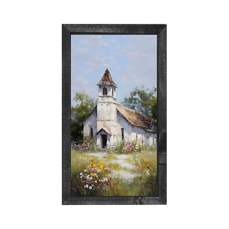 Country Church with Wildflowers - Vertical Frame