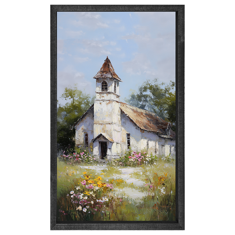Country Church with Wildflowers - Vertical Frame