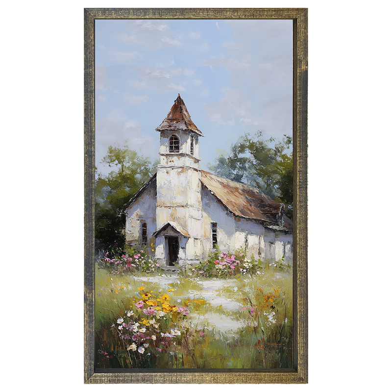 Country Church with Wildflowers - Vertical Frame