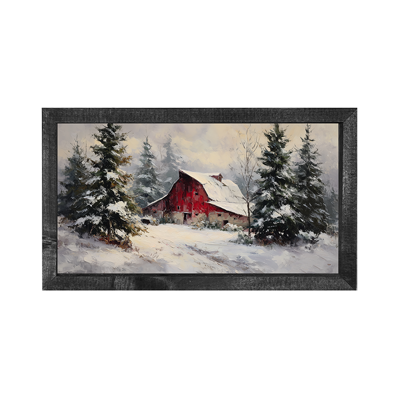 Red Country Barn in Winter - Horizontal Frame