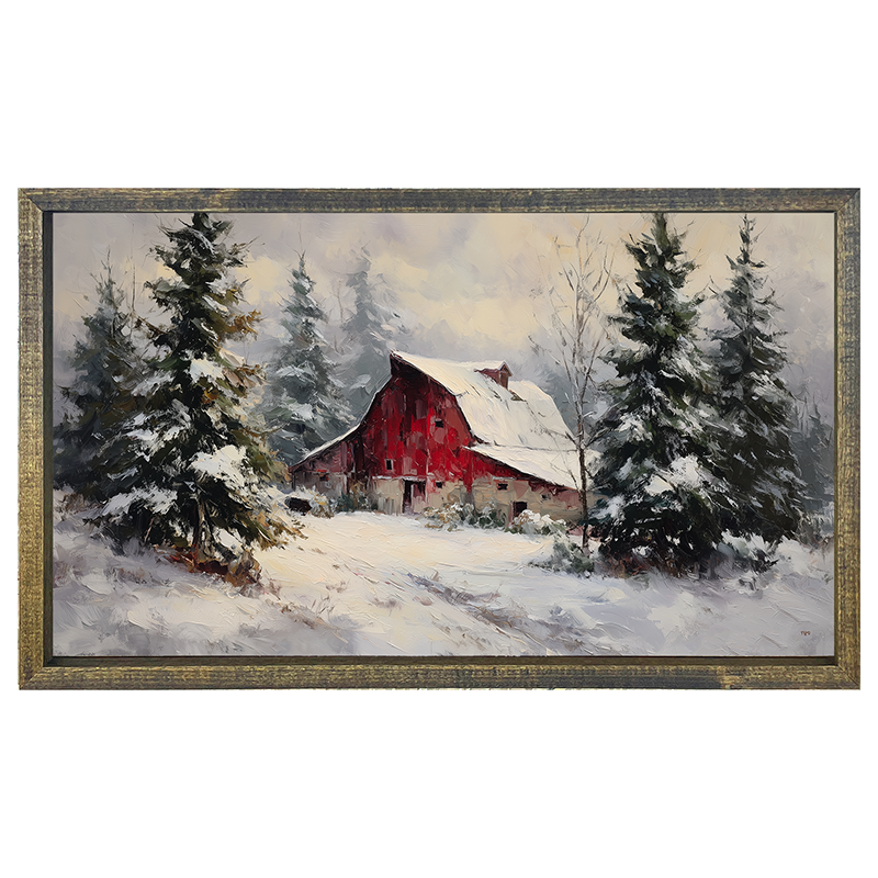 Red Country Barn in Winter - Horizontal Frame