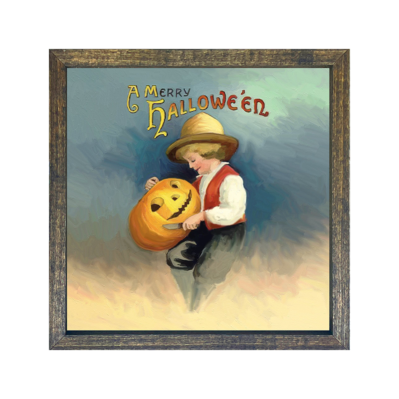 vintage boy carving pumpkin