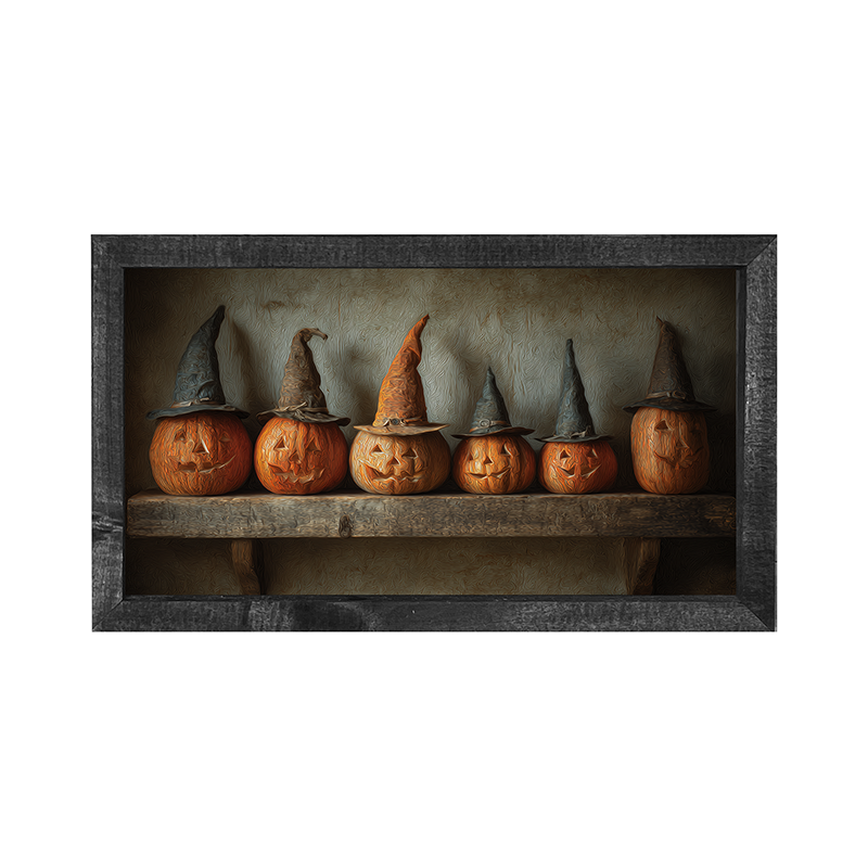 Shelf Full of Jack-o-Lanterns in Witch Hats - Horizontal Frame