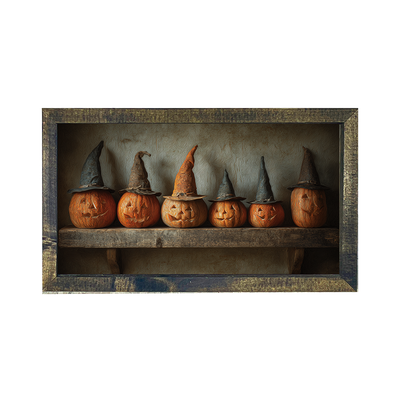 Shelf Full of Jack-o-Lanterns in Witch Hats - Horizontal Frame
