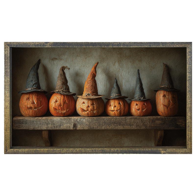 Shelf Full of Jack-o-Lanterns in Witch Hats - Horizontal Frame