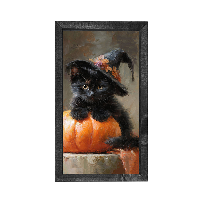 Black Kitten with Pumpkin - Vertical Frame