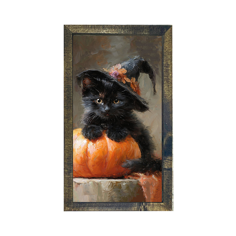 Black Kitten with Pumpkin - Vertical Frame